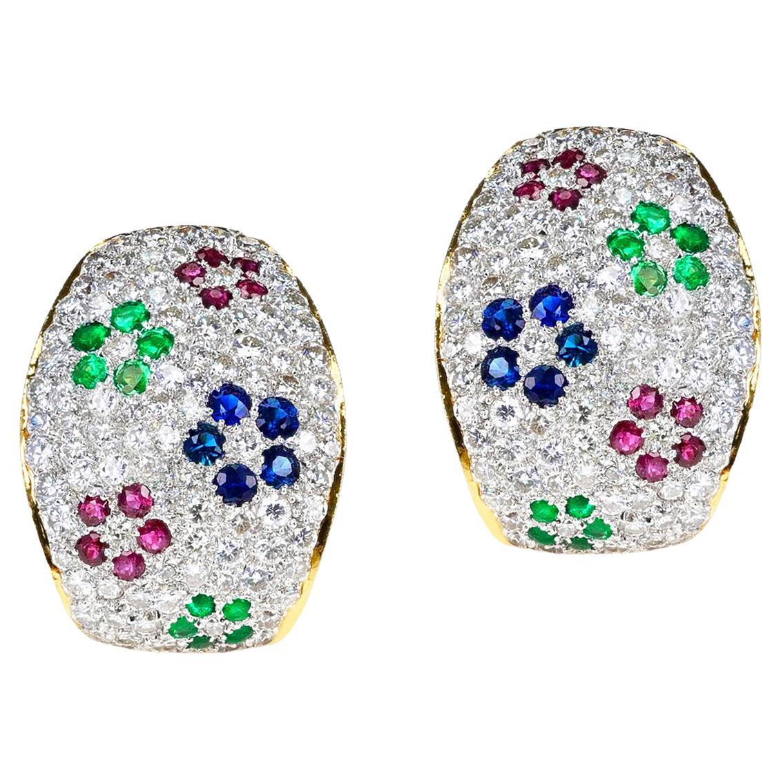 Diamond, Emerald, Ruby and Sapphire Floral Design Earrings, 18k