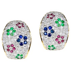 Diamond, Emerald, Ruby and Sapphire Floral Design Earrings, 18k