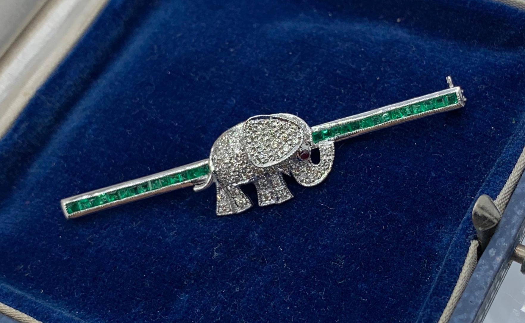 Round Cut Diamond Emerald Ruby Elephant Brooch Pin 18 Karat White Gold For Sale