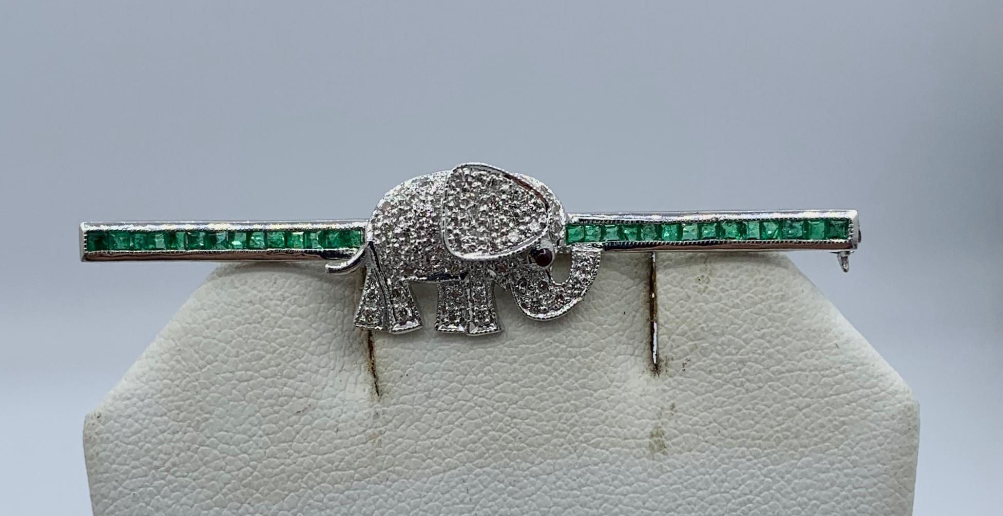Diamond Emerald Ruby Elephant Brooch Pin 18 Karat White Gold For Sale 1