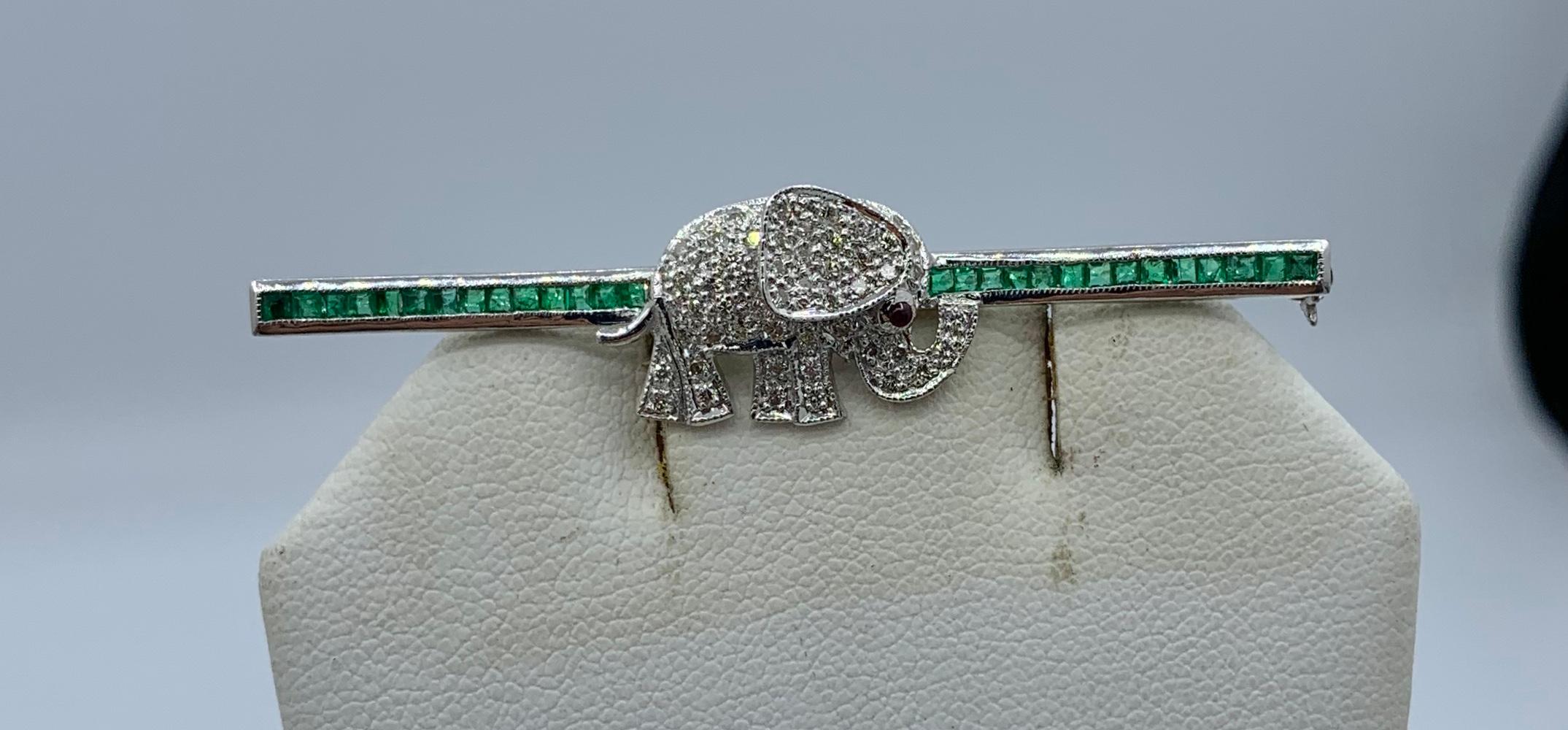 Diamond Emerald Ruby Elephant Brooch Pin 18 Karat White Gold For Sale 2