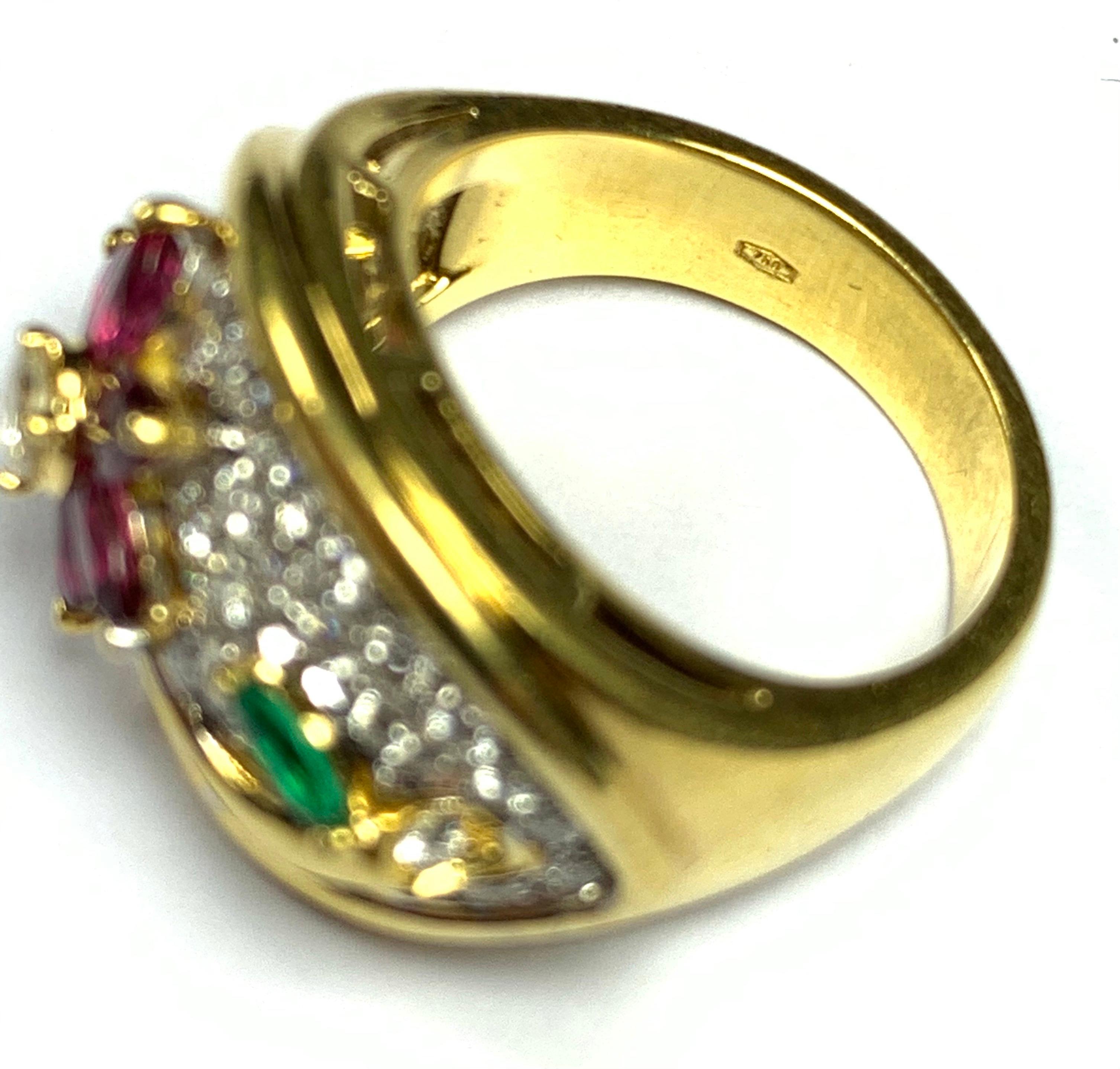 Brilliant Cut Diamond, Emerald and Ruby Flower Ring For Sale