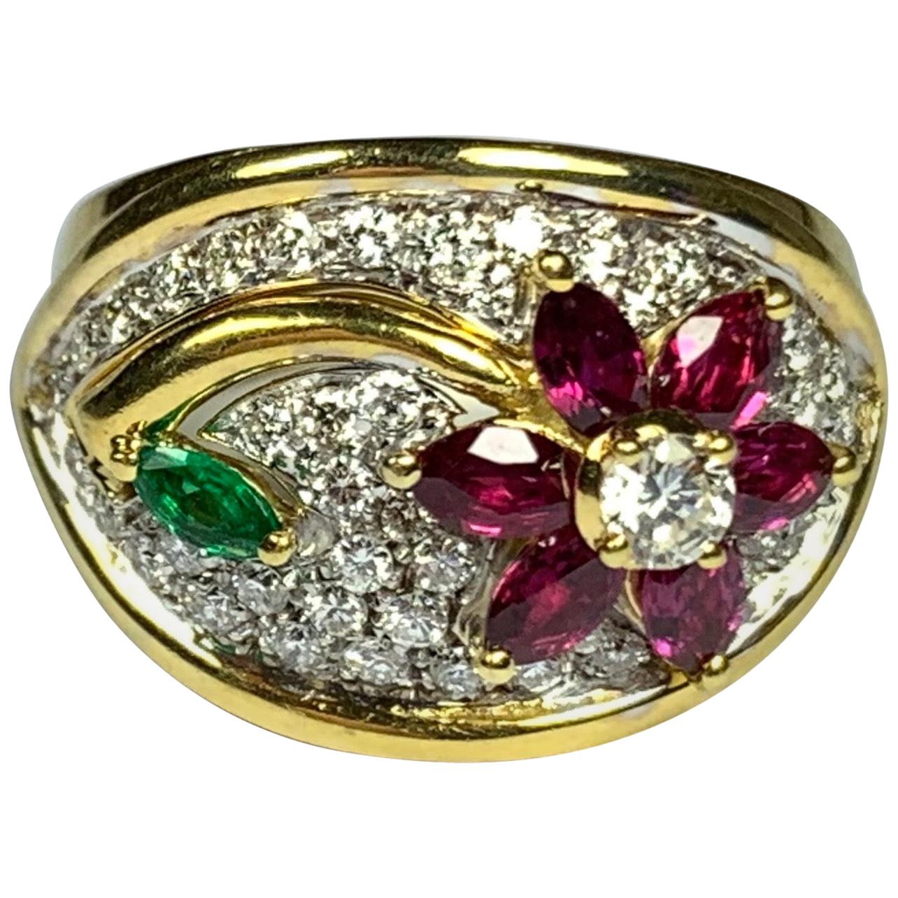 Diamond, Emerald and Ruby Flower Ring For Sale