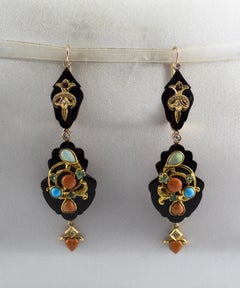 Diamond Emerald Ruby Opal Turquoise Coral Onyx Yellow Gold Lever-Back Earrings