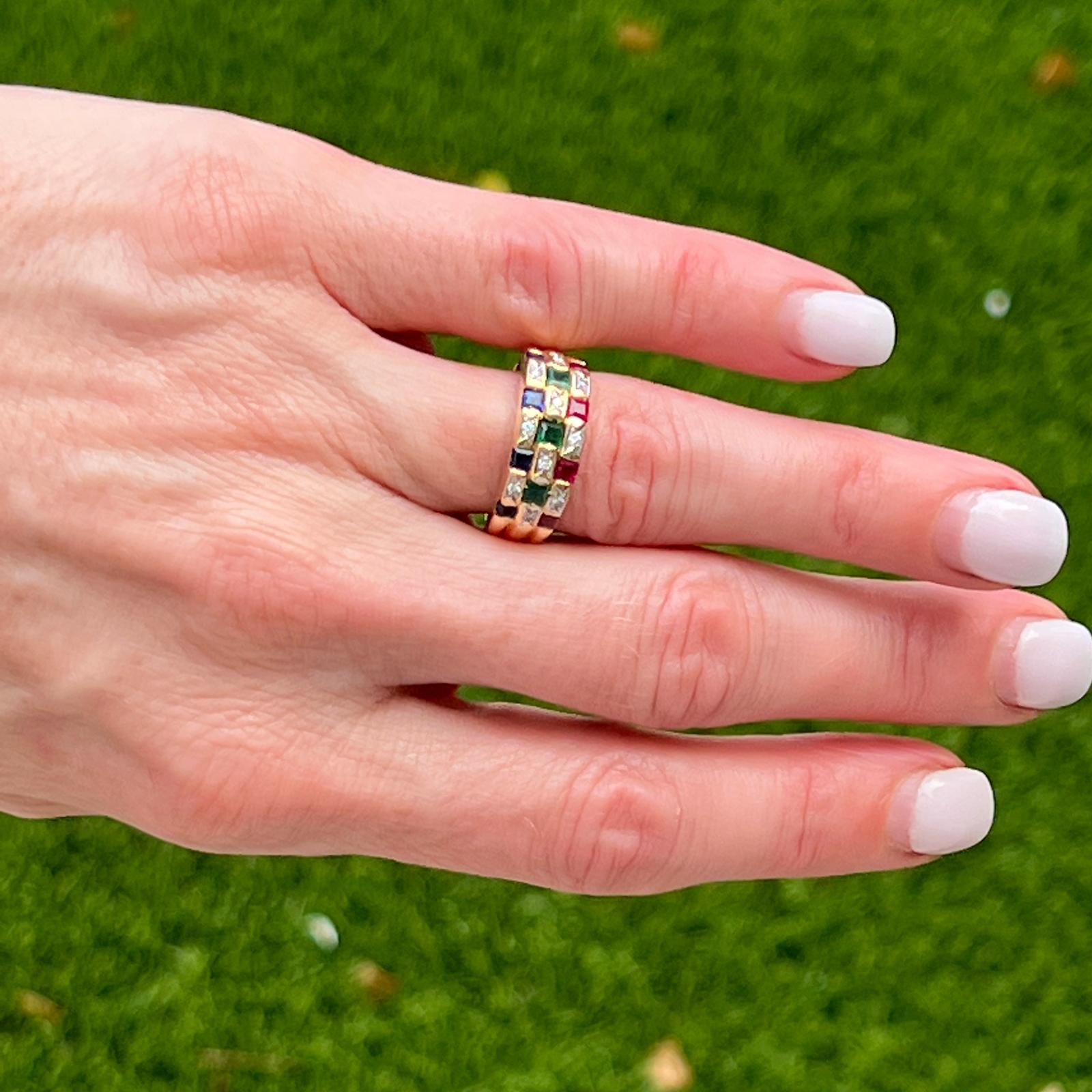 Modern Diamond Emerald Ruby Sapphire 18 Karat Yellow Gold Checkerboard Band Ring