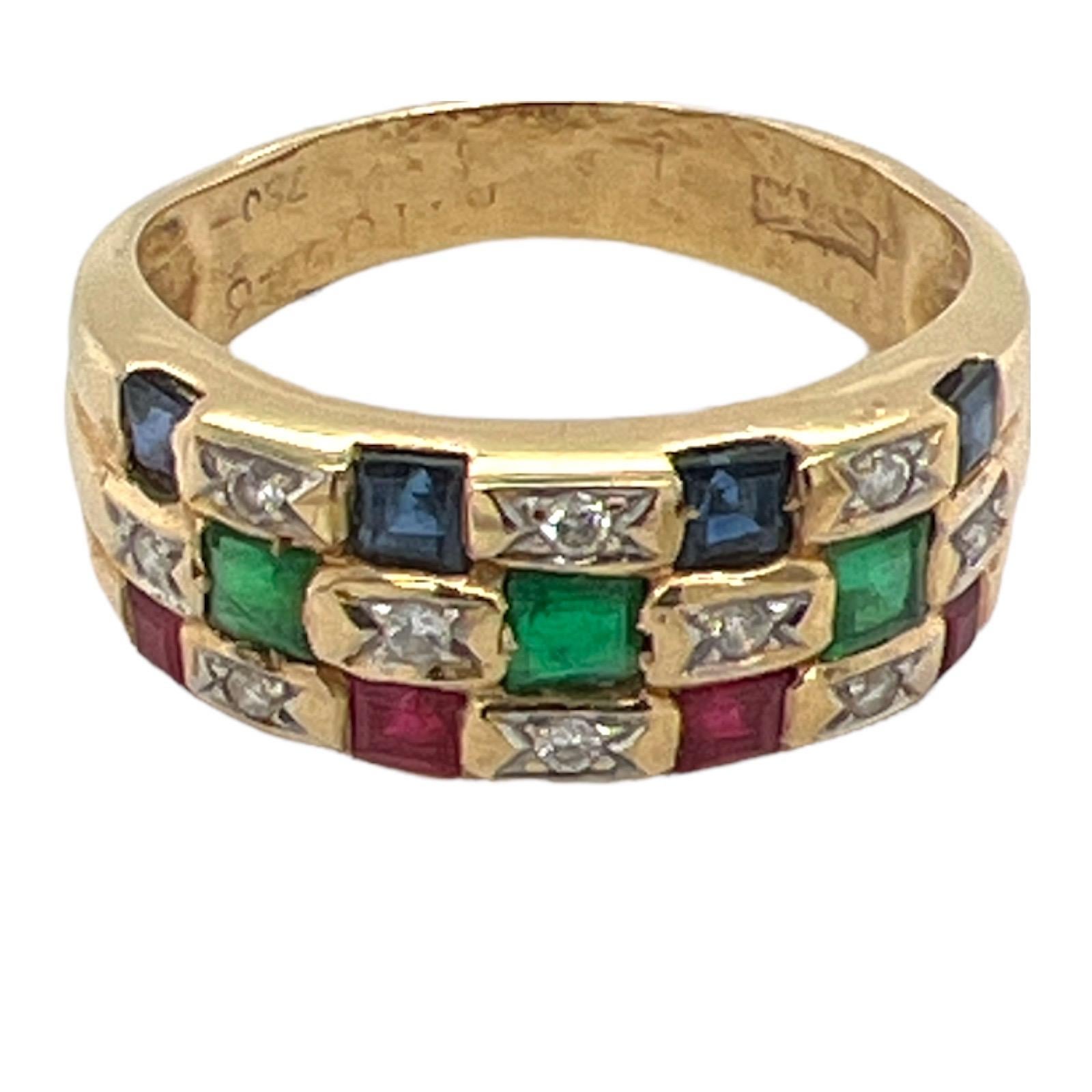 Round Cut Diamond Emerald Ruby Sapphire 18 Karat Yellow Gold Checkerboard Band Ring