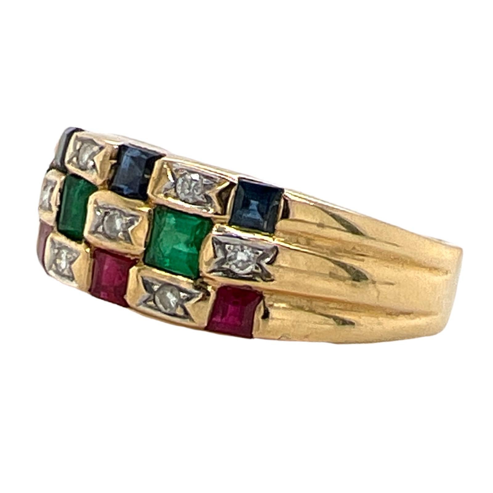 Diamond Emerald Ruby Sapphire 18 Karat Yellow Gold Checkerboard Band Ring In Excellent Condition In Boca Raton, FL