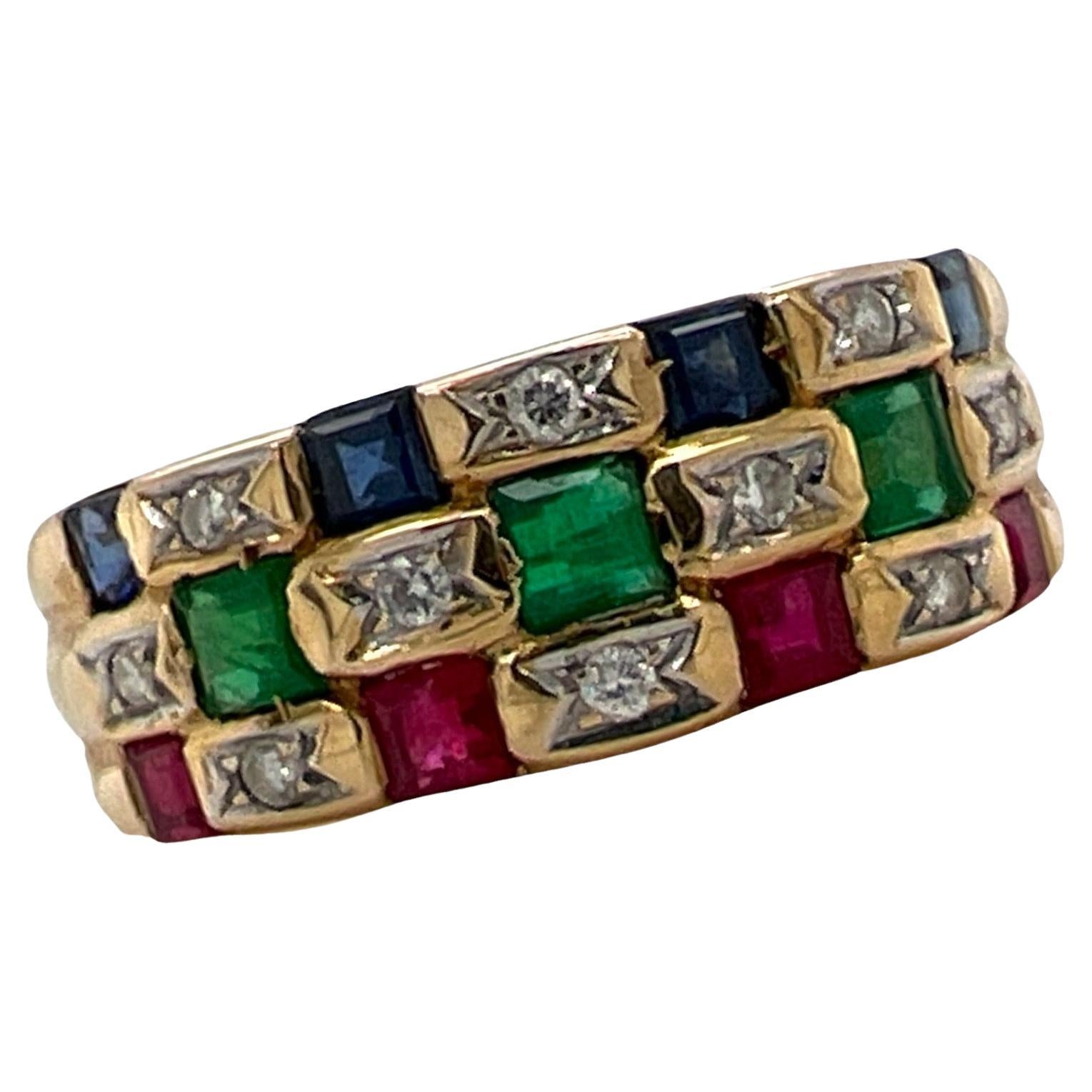Diamond Emerald Ruby Sapphire 18 Karat Yellow Gold Checkerboard Band Ring