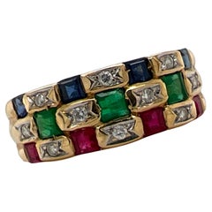 Diamond Emerald Ruby Sapphire 18 Karat Yellow Gold Checkerboard Band Ring