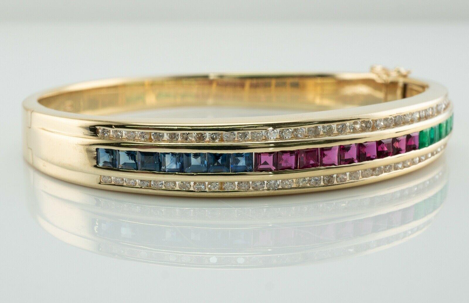 Square Cut Diamond Emerald Ruby Sapphire Bracelet 14K Gold Bangle For Sale