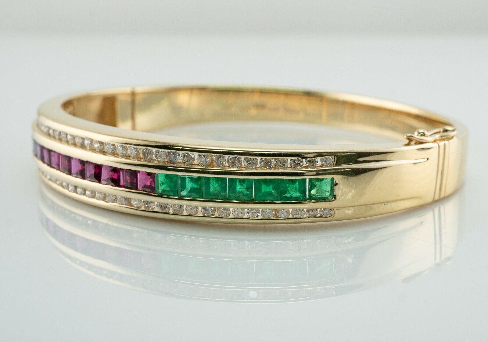 Diamond Emerald Ruby Sapphire Bracelet 14K Gold Bangle In Good Condition For Sale In East Brunswick, NJ