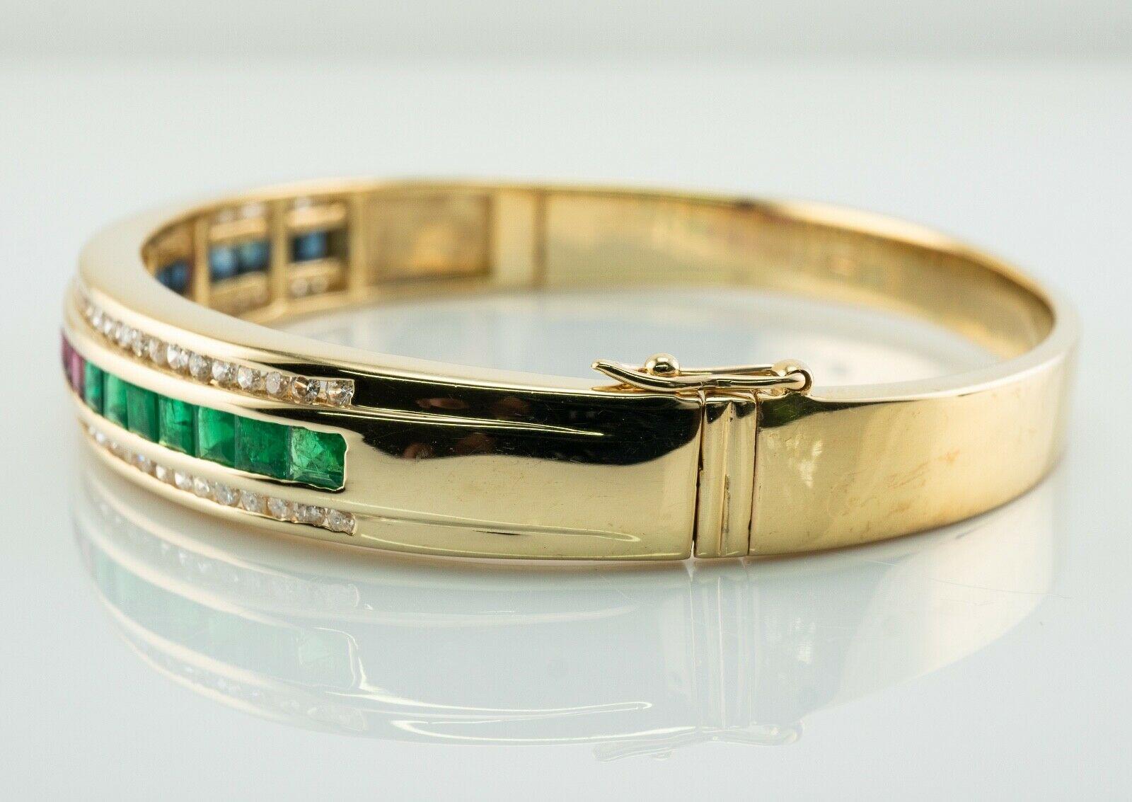 Women's Diamond Emerald Ruby Sapphire Bracelet 14K Gold Bangle For Sale
