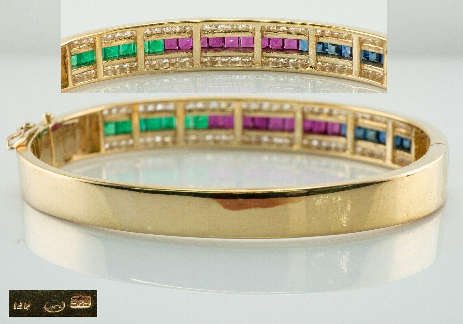 Diamond Emerald Ruby Sapphire Bracelet 14K Gold Bangle For Sale 1