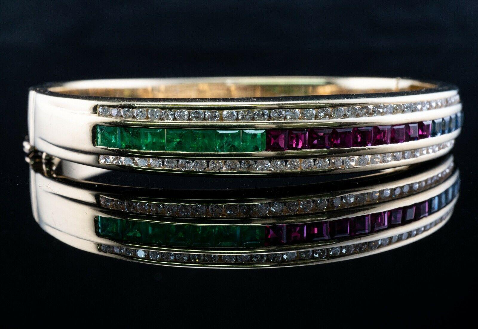 Diamond Emerald Ruby Sapphire Bracelet 14K Gold Bangle For Sale 2