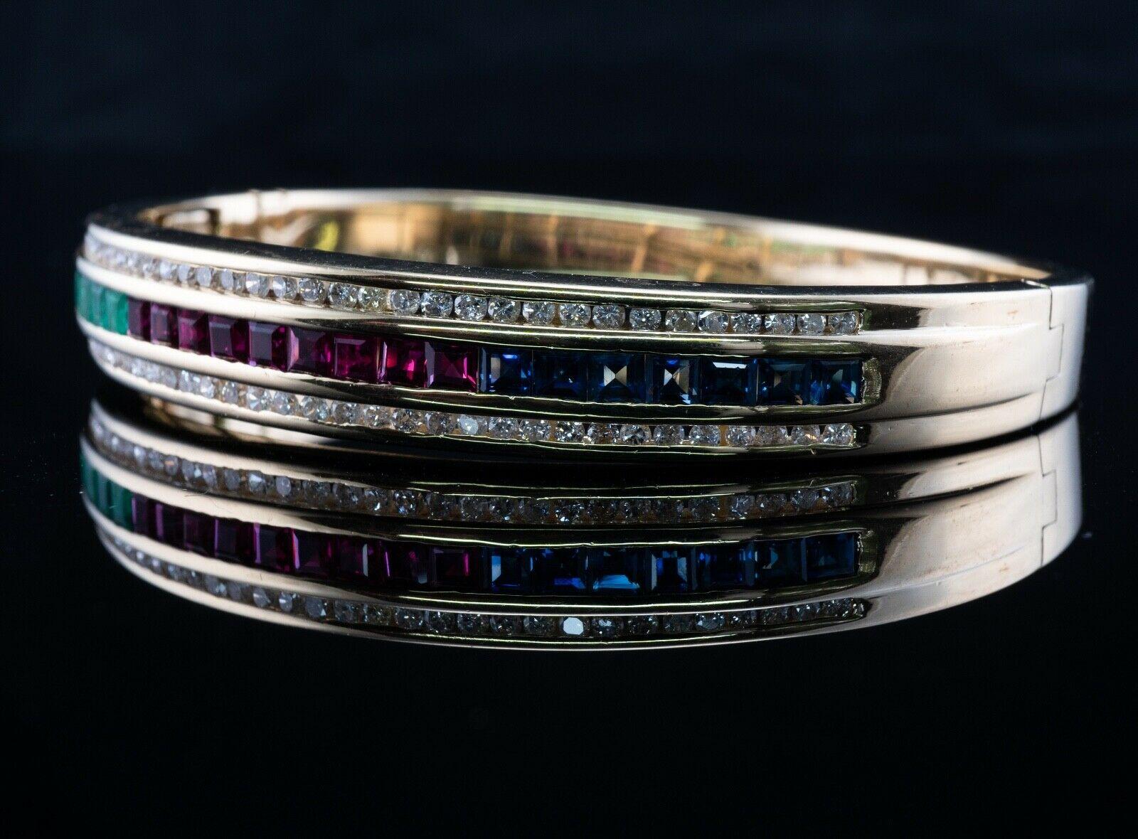 Diamond Emerald Ruby Sapphire Bracelet 14K Gold Bangle For Sale 4