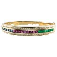Vintage Diamond Emerald Ruby Sapphire Bracelet 14K Gold Bangle