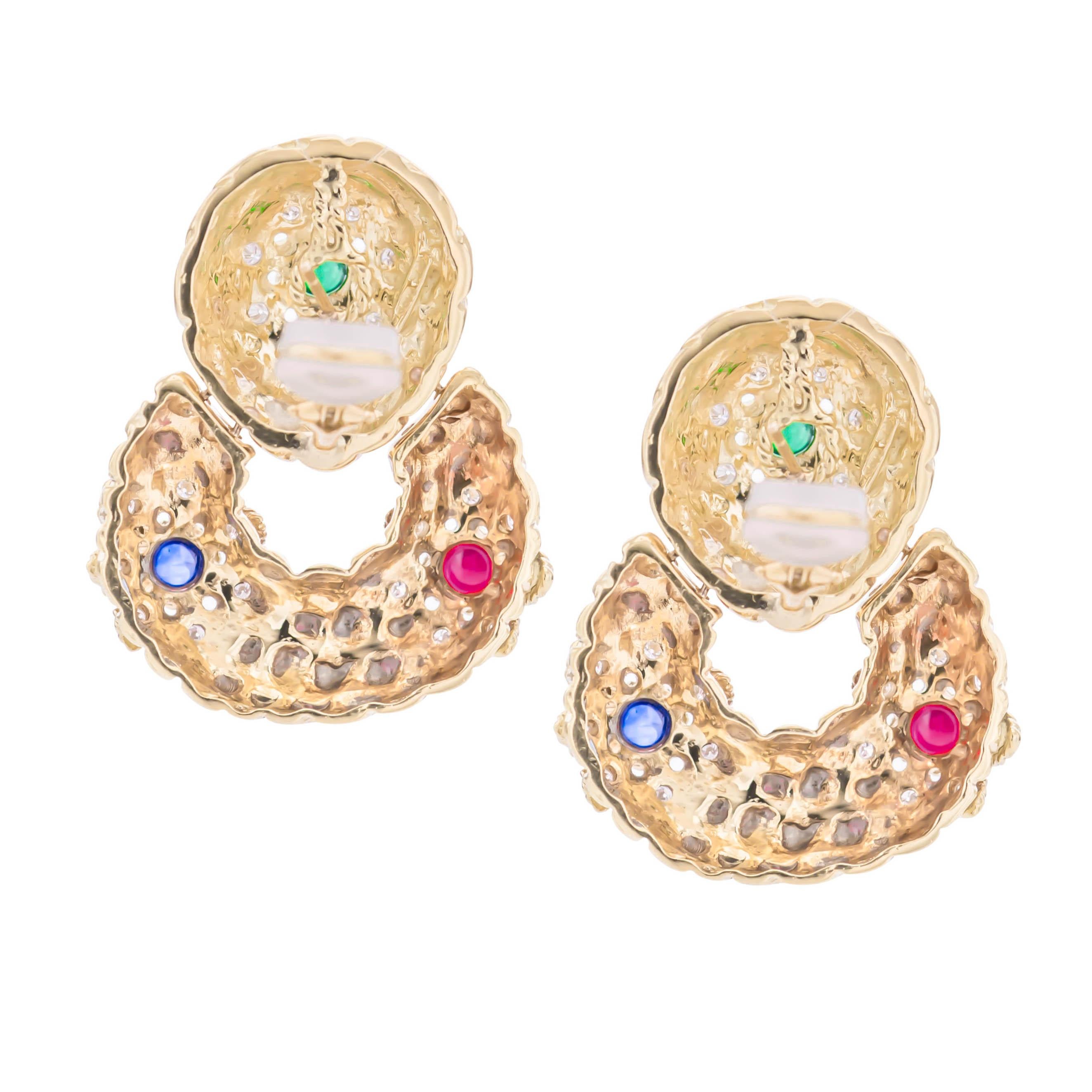 Diamond, Emerald, Ruby, Sapphire Door Knocker Earrings In Good Condition In Dallas, TX