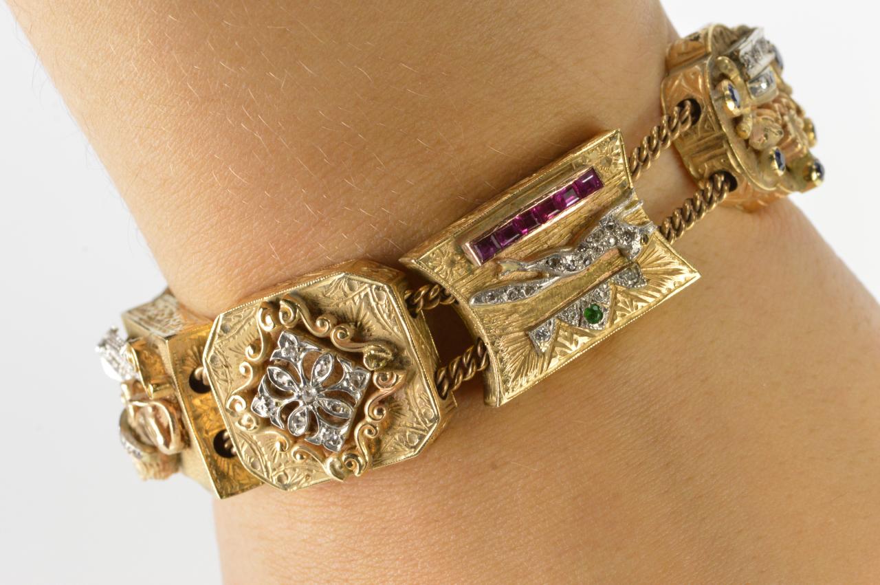 Women's Diamond Emerald Ruby Sapphire Garnet Yellow Gold Victorian Slide Bracelet For Sale