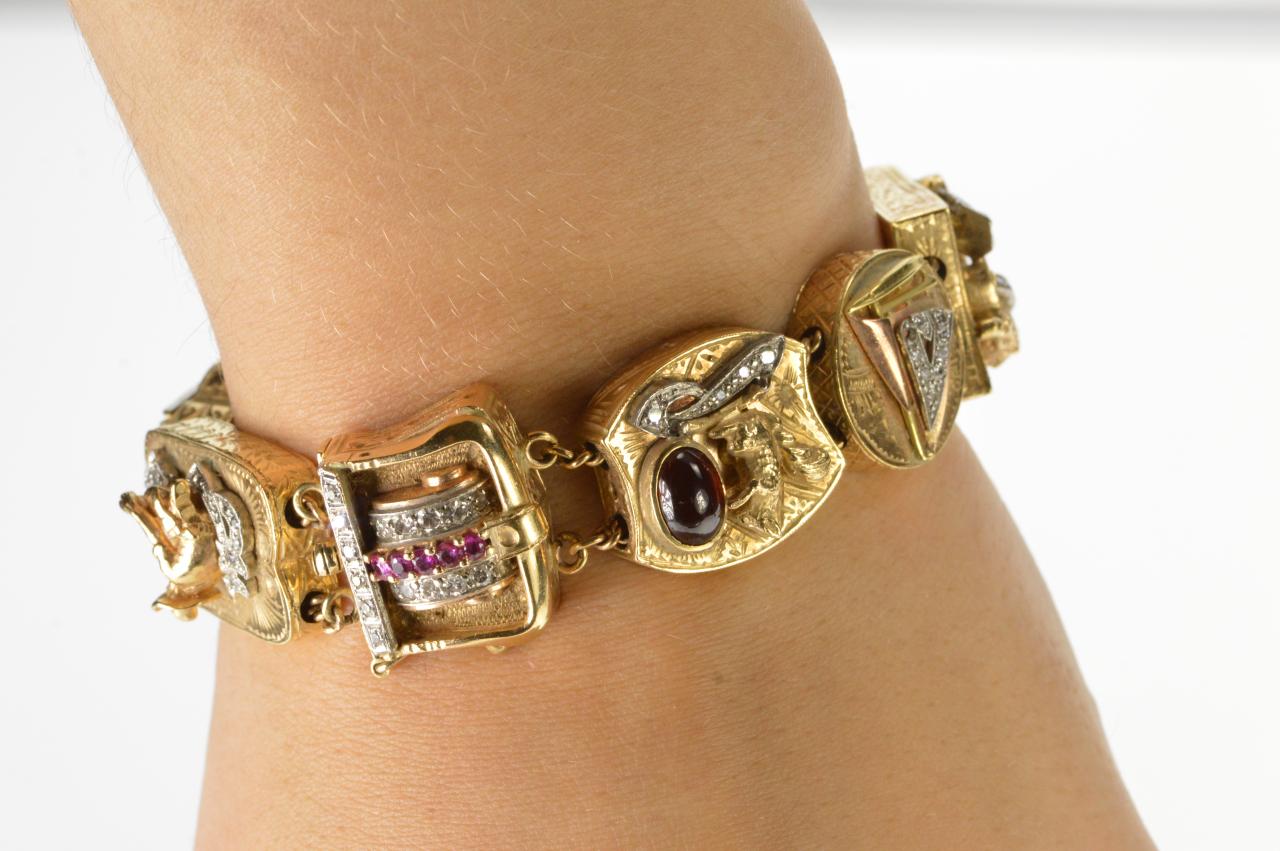 Diamond Emerald Ruby Sapphire Garnet Yellow Gold Victorian Slide Bracelet For Sale 2