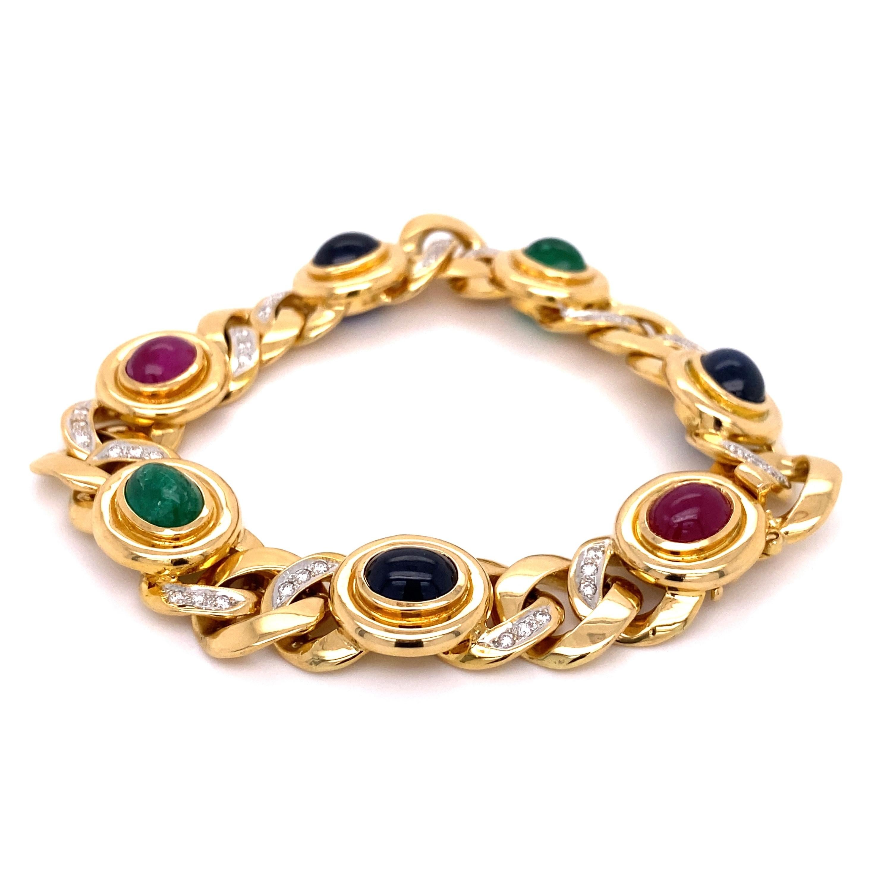 Simply Beautiful Finely detailed Multi Gem Gold Link Bracelet, securely set with 2 cabochon Emeralds approx. 3.00tcw; 2 cabochon Rubies approx. 2.75tcw; 3 cabochon Sapphires approx. 5.25tcw; 39 round brilliant Diamonds approx. 0.75tcw. Approx. 8