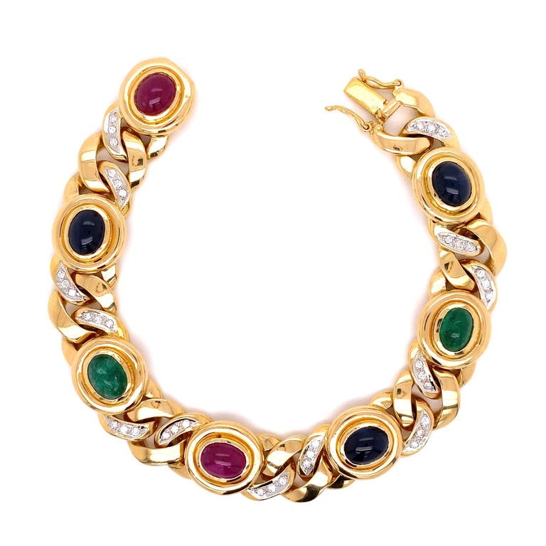 Mixed Cut Diamond Emerald Ruby Sapphire Gold Link Bracelet Fine Estate Jewelry For Sale