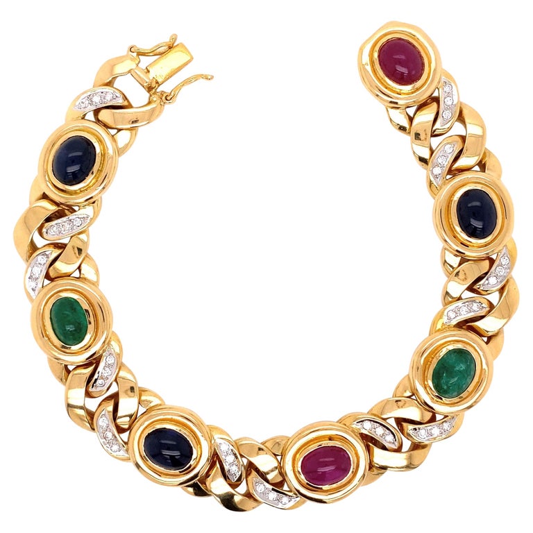 Diamond Emerald Ruby Sapphire Gold Link Bracelet Fine Estate Jewelry For Sale