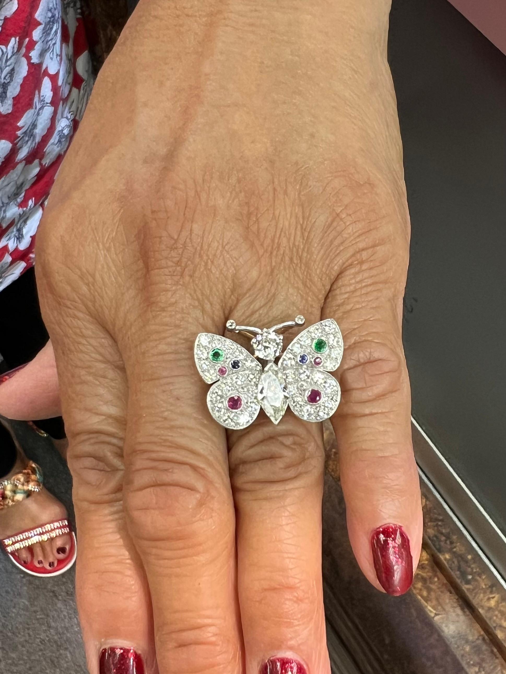 Modern Diamond Emerald Ruby Sapphire Platinum Gold Butterfly Ring For Sale