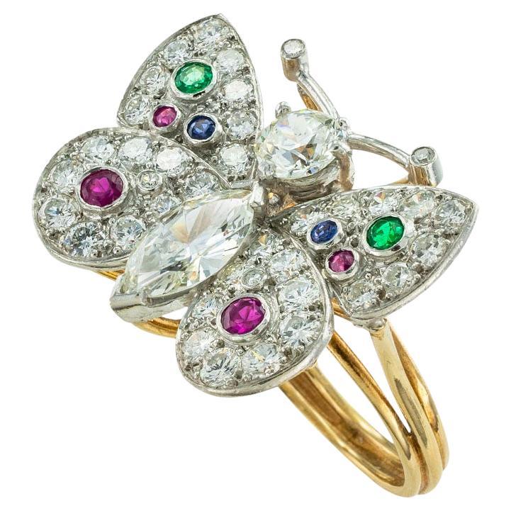 Diamond Emerald Ruby Sapphire Platinum Gold Butterfly Ring For Sale