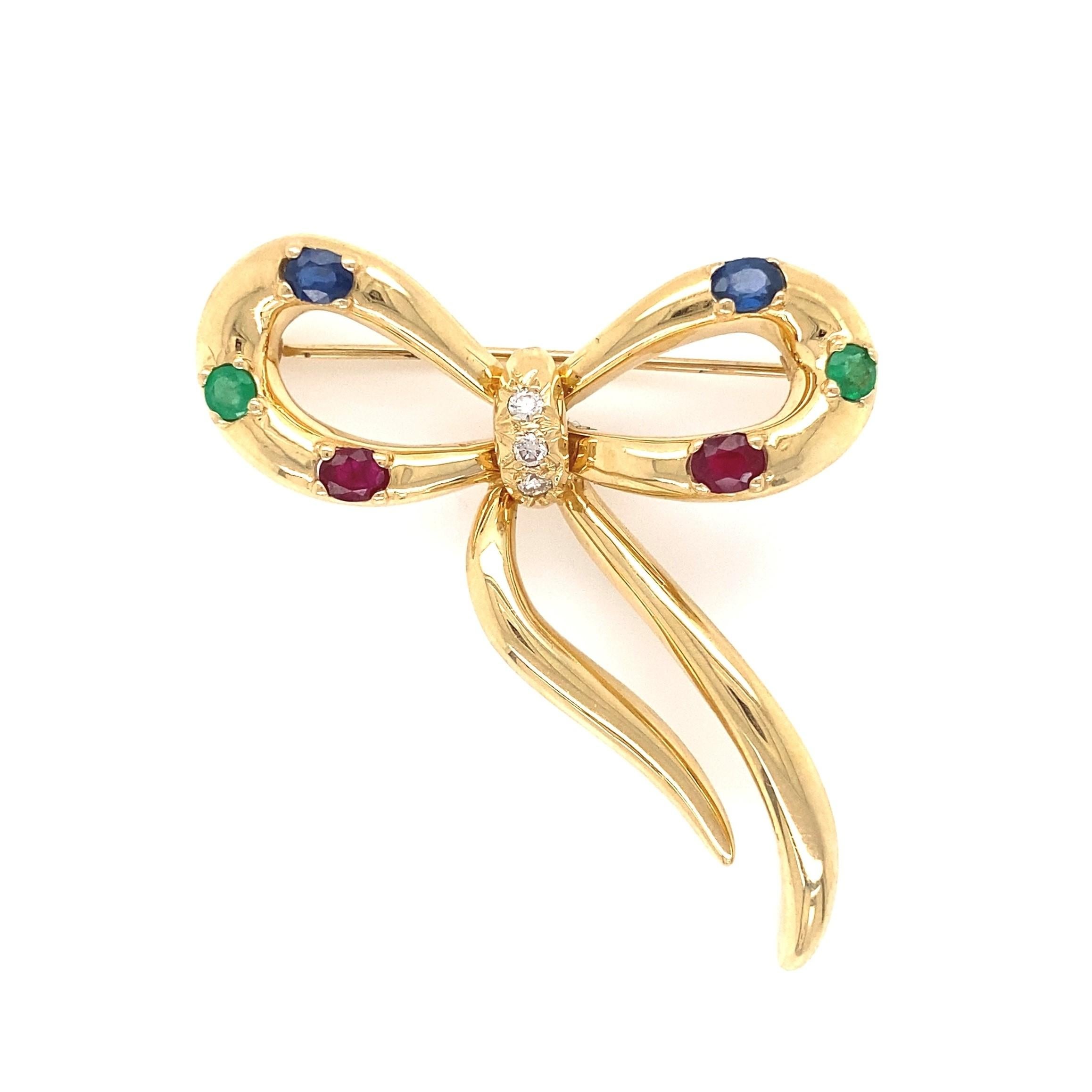 Diamant Smaragd Rubin Saphir Schleife Gold Brosche Pin Estate Fine Jewelry (Gemischter Schliff) im Angebot