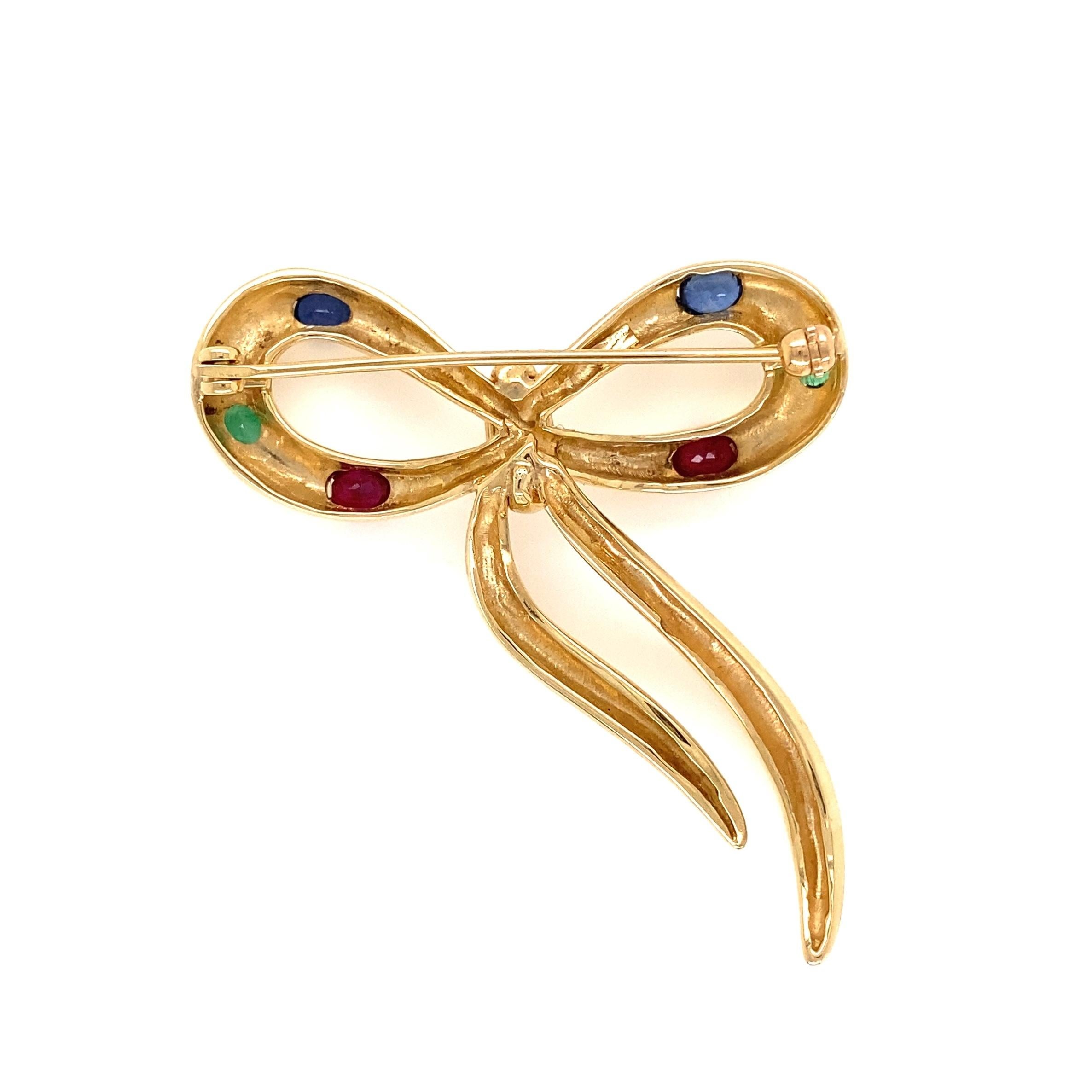 Mixed Cut Diamond Emerald Ruby Sapphire Ribbon Bow Gold Brooch Pin Estate Fine Jewelry For Sale