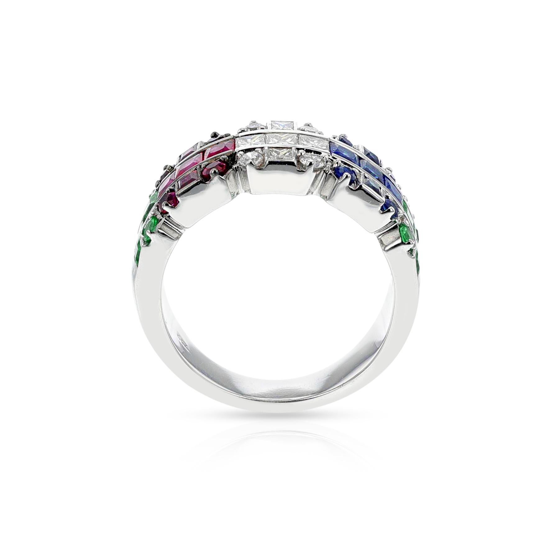 This exquisite Diamond, Emerald, Ruby, Sapphire Ring is crafted with 18k White Gold. Set with a total weight of 7.27 grams, this magnificent ring is a US size 6. Enjoy the beauty of timeless design with this striking piece of jewelry.