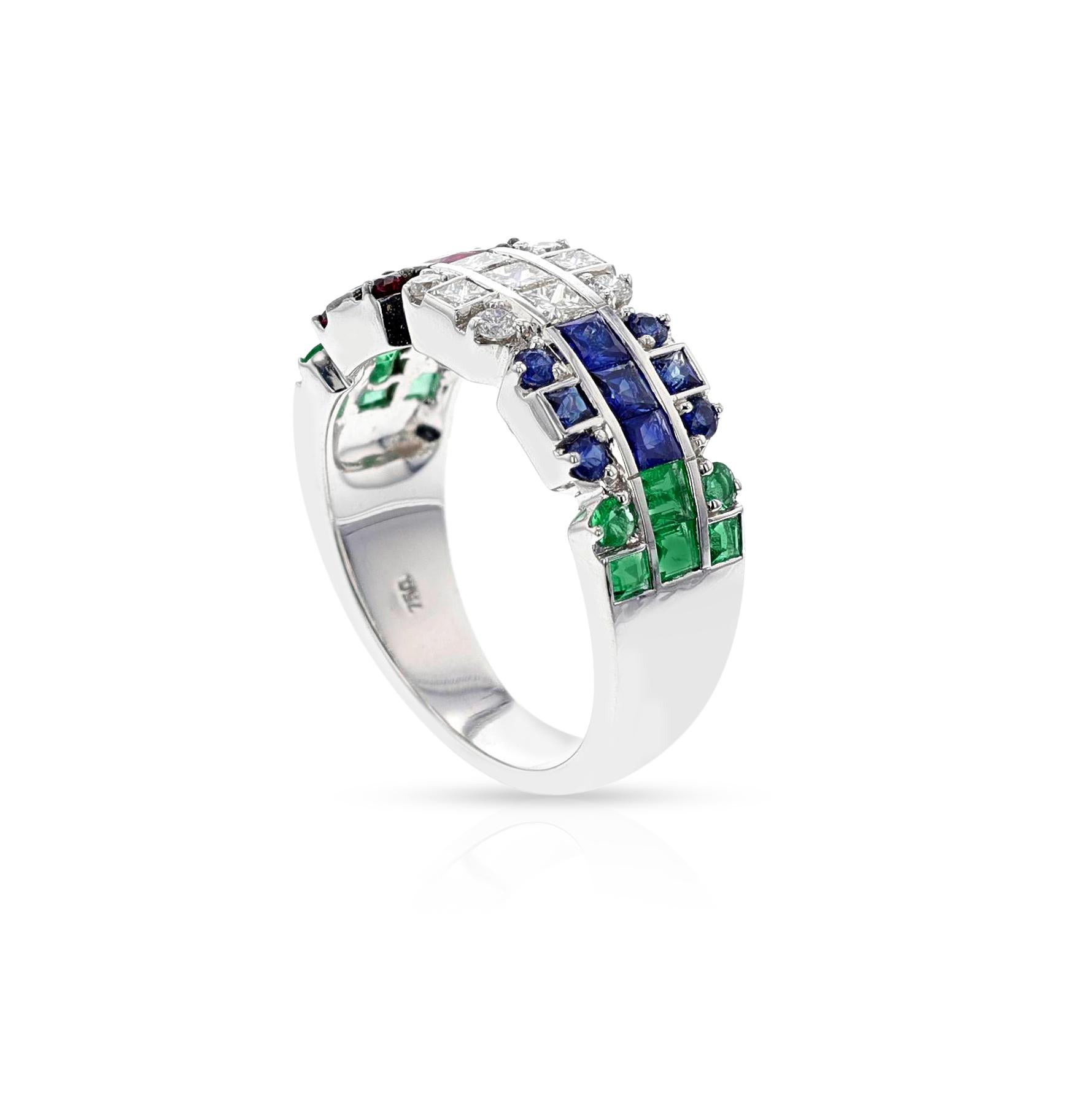 Square Cut Diamond, Emerald, Ruby, Sapphire Ring, 18k White For Sale