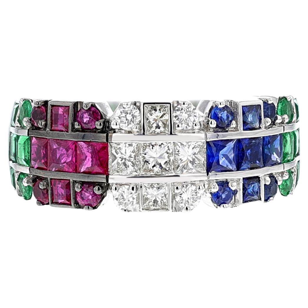 Diamond, Emerald, Ruby, Sapphire Ring, 18k White For Sale