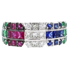 Vintage Diamond, Emerald, Ruby, Sapphire Ring, 18k White
