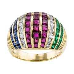 Diamond Emerald Ruby Sapphire Yellow Gold Domed Ring Size 8