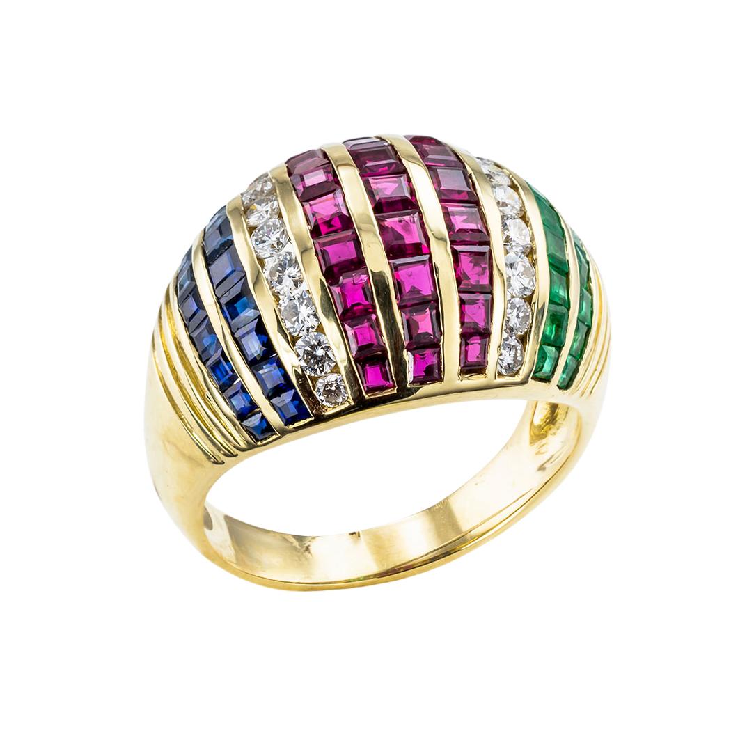 Estate diamond emerald ruby sapphire and yellow gold domed ring circa 1970.  Clear and concise information you want to know is listed below.  Contact us right away if you have additional questions.  We are here to connect you with beautiful and