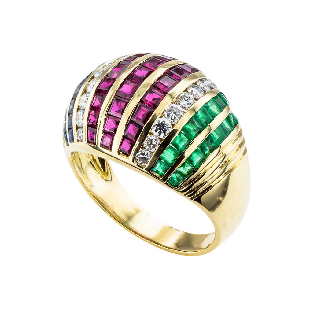 Modern Diamond Emerald Ruby Sapphire Yellow Gold Domed Ring Size 8
