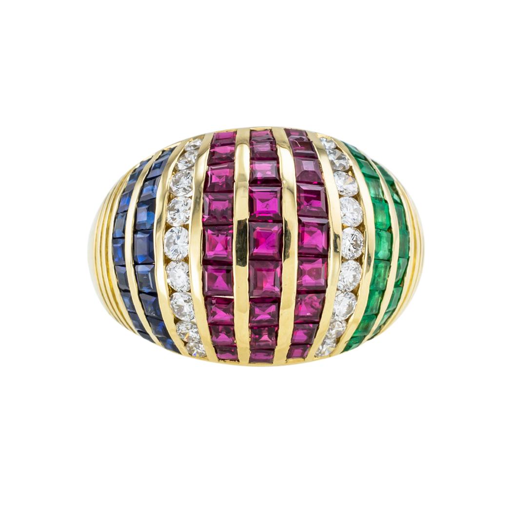 Square Cut Diamond Emerald Ruby Sapphire Yellow Gold Domed Ring Size 8