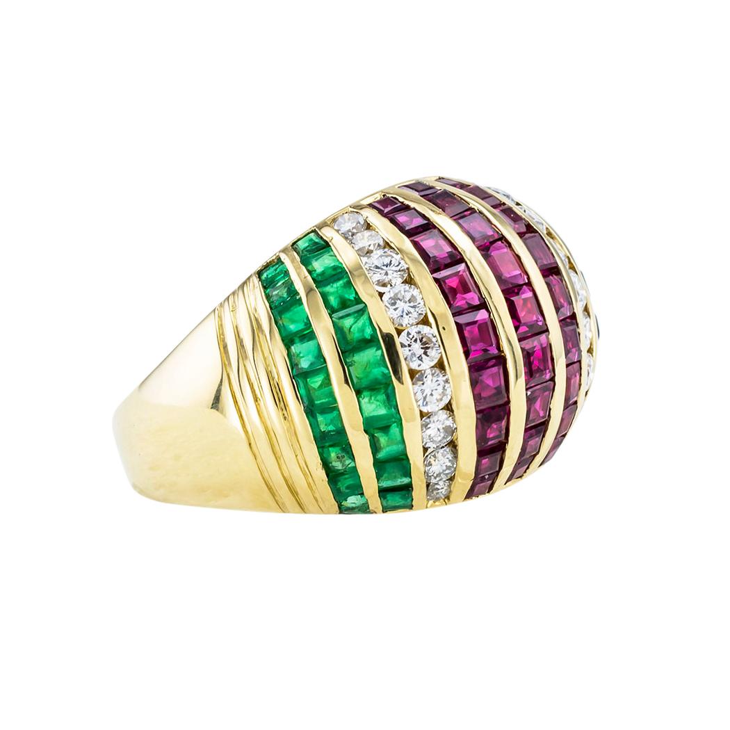 Diamond Emerald Ruby Sapphire Yellow Gold Domed Ring Size 8 In Good Condition In Los Angeles, CA