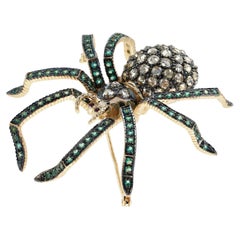 Diamond Emerald Ruby Vintage Style Spider 9kt Yellow Gold Insect Brooch