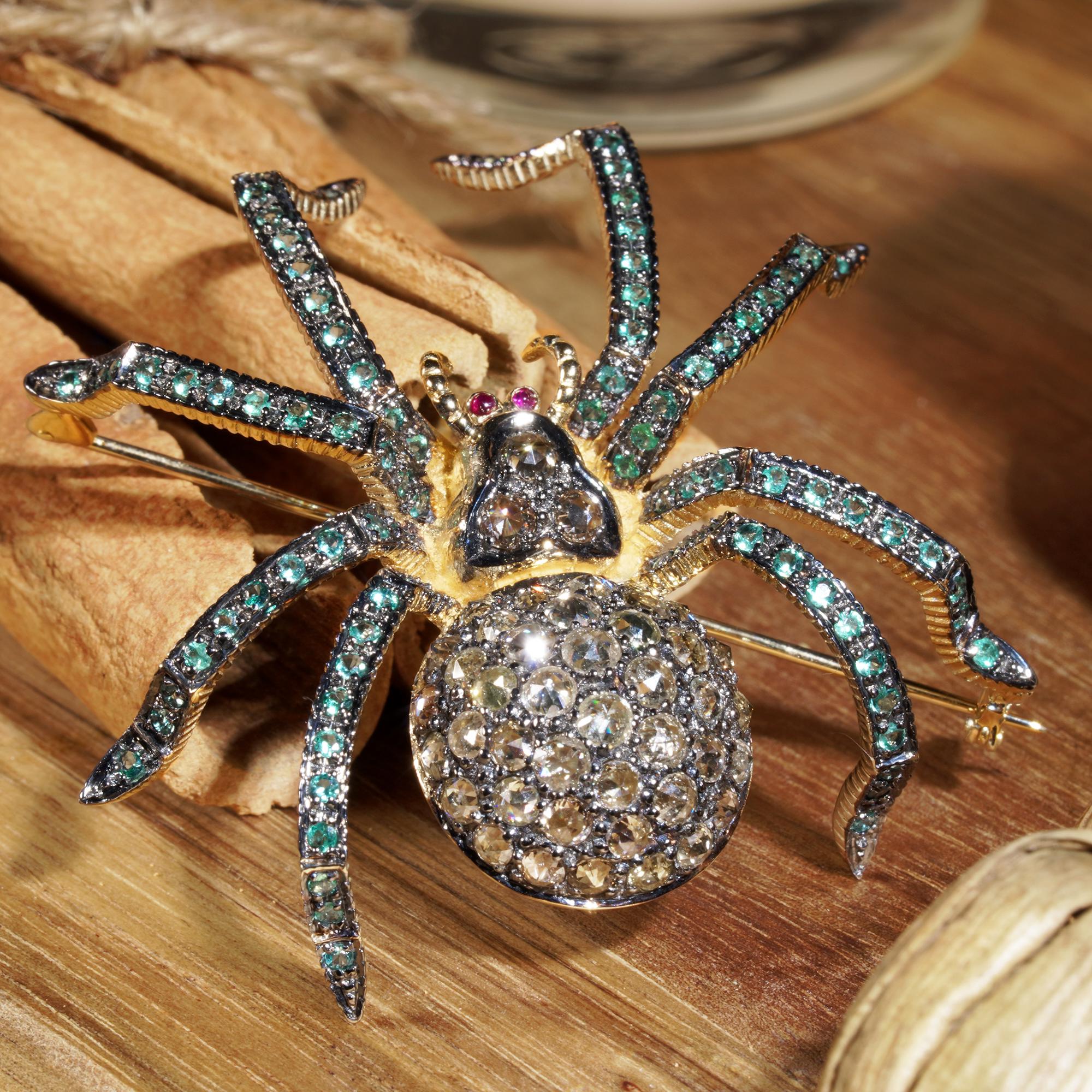 Round Cut Diamond Emerald Ruby Vintage Style Spider Insect Brooch in 9K Yellow Gold