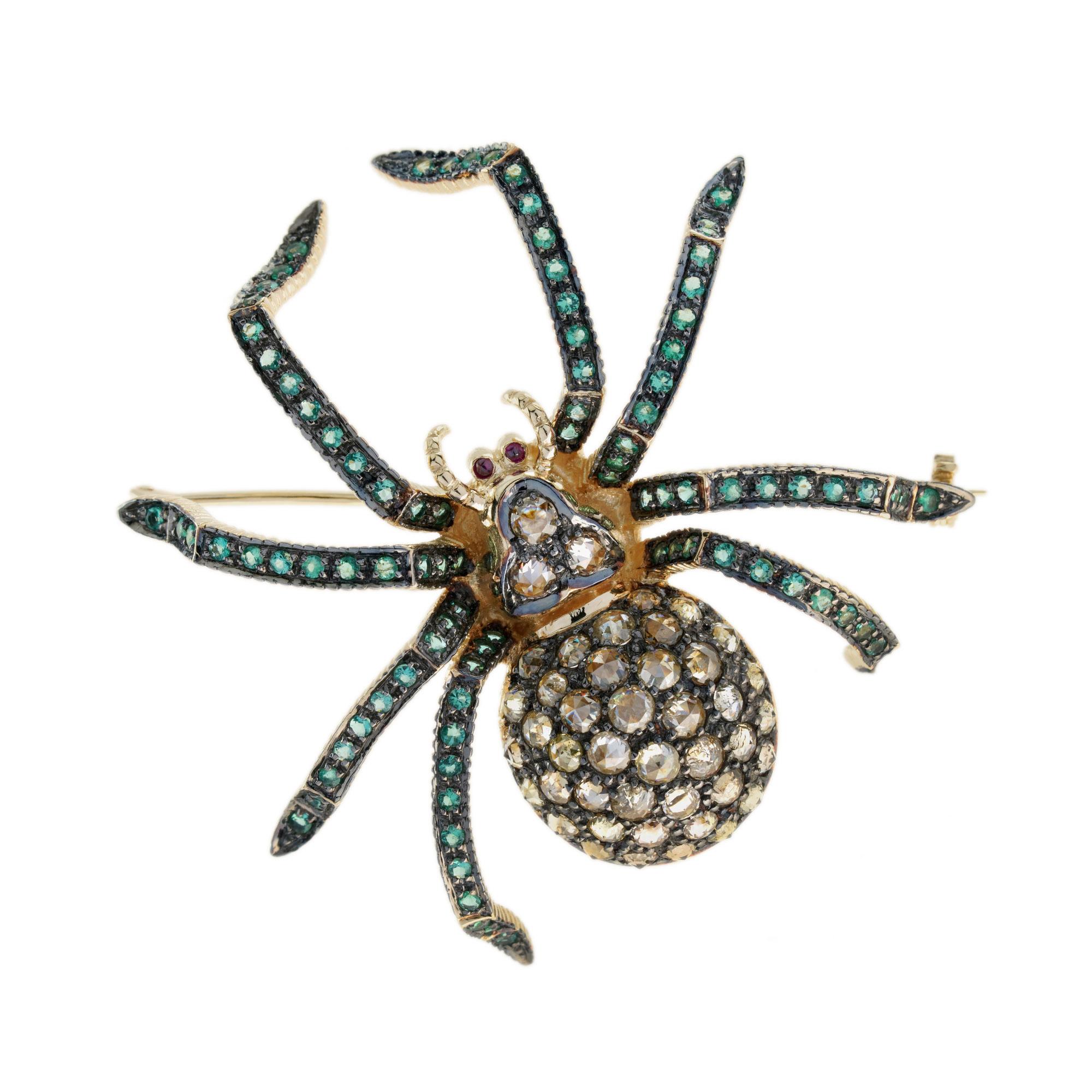 Women's or Men's Diamond Emerald Ruby Vintage Style Spider Insect Brooch in 9K Yellow Gold