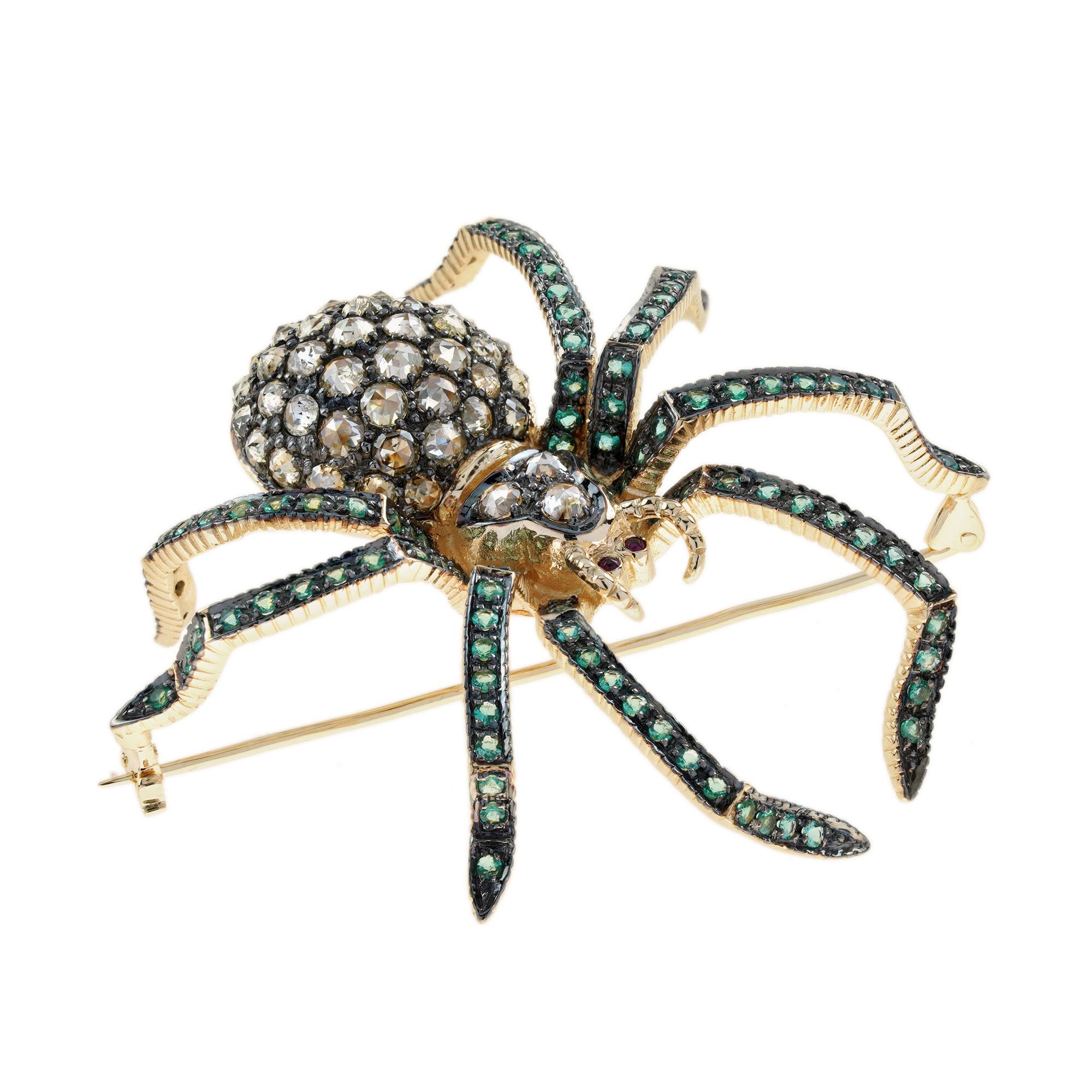 Diamond Emerald Ruby Vintage Style Spider Insect Brooch in 9K Yellow Gold 1