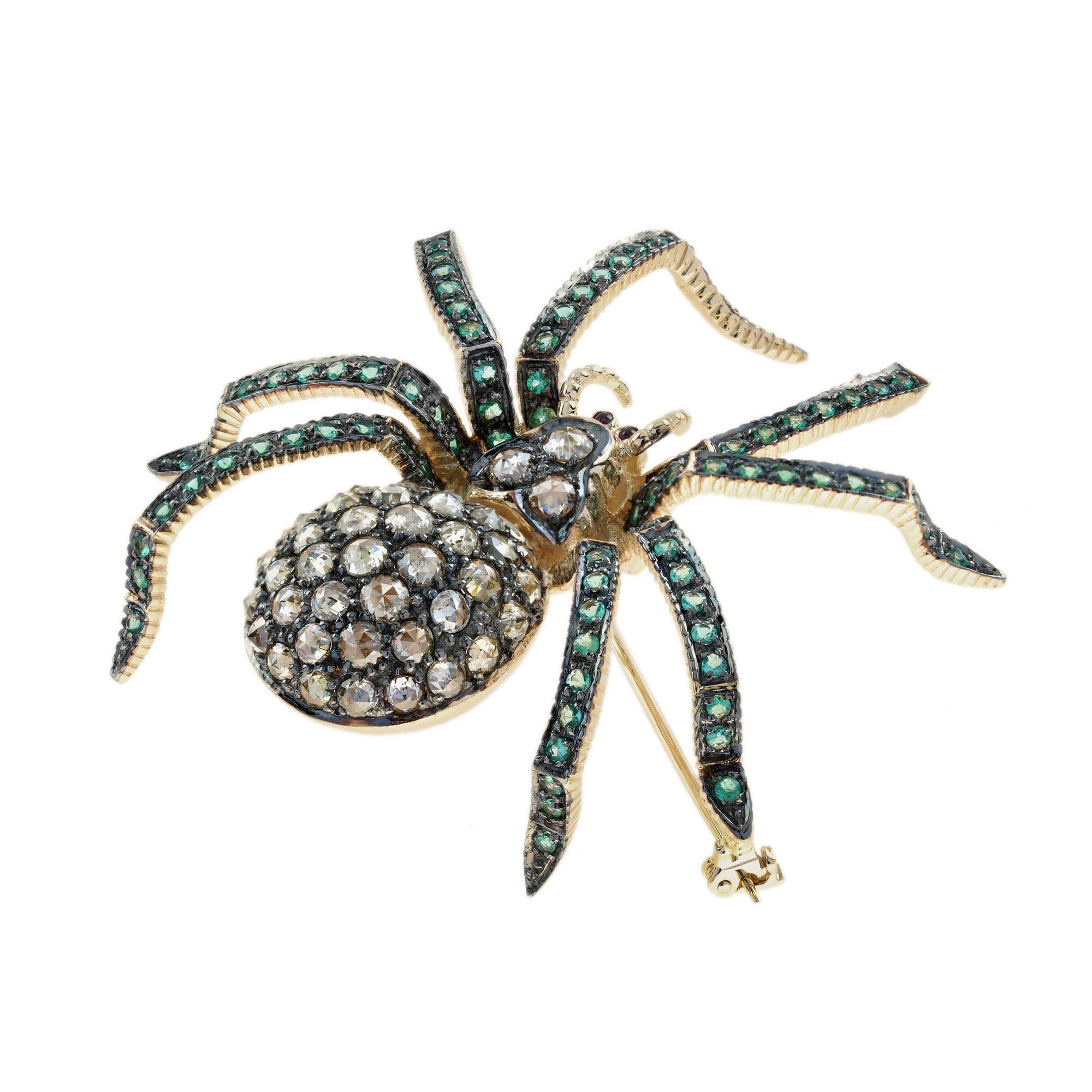 Diamond Emerald Ruby Vintage Style Spider Insect Brooch in 9K Yellow Gold 2