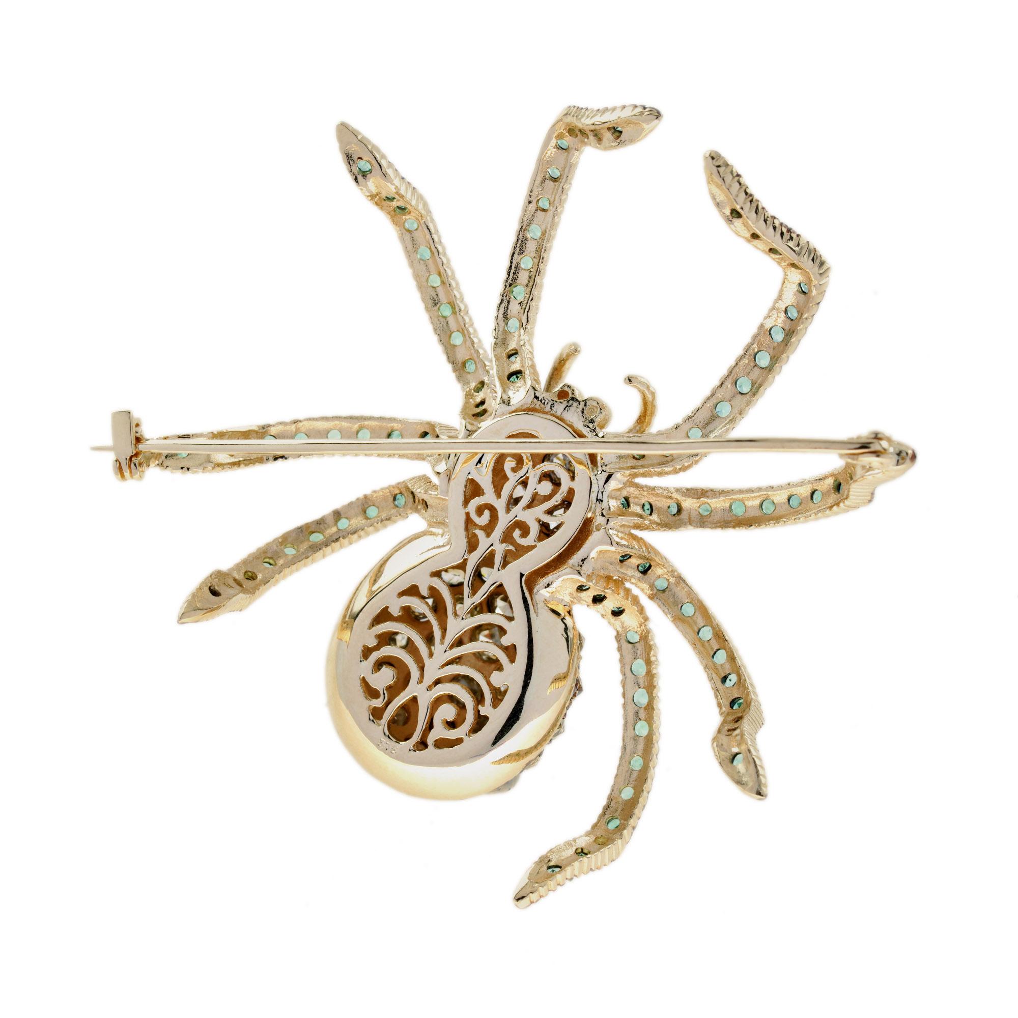 Diamond Emerald Ruby Vintage Style Spider Insect Brooch in 9K Yellow Gold 3
