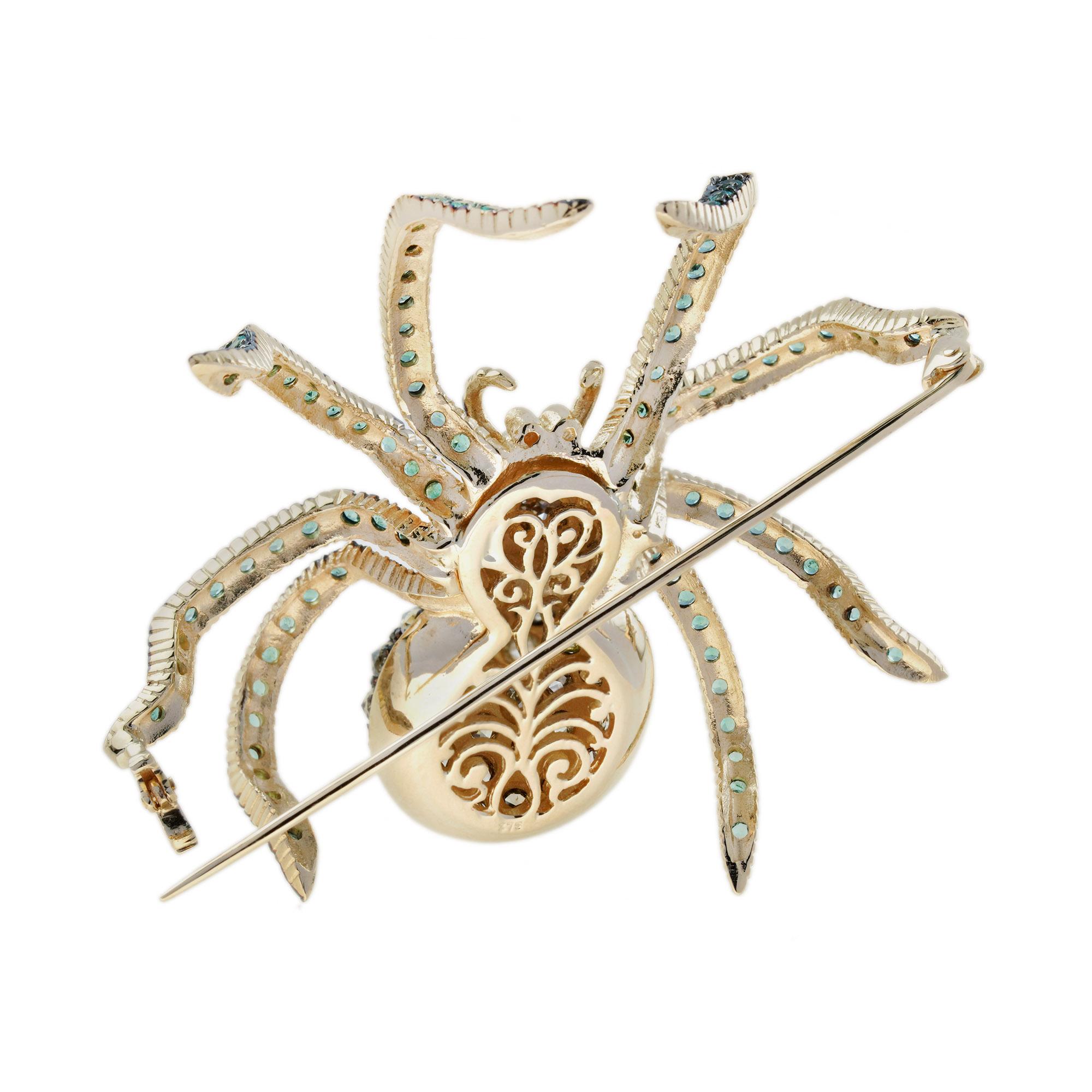 Diamond Emerald Ruby Vintage Style Spider Insect Brooch in 9K Yellow Gold 4