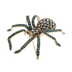 Diamond Emerald Ruby Vintage Style Spider Insect Brooch in 9K Yellow Gold