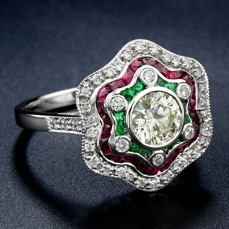 Art Deco Diamond Emerald Ruby White Gold Cocktail Ring