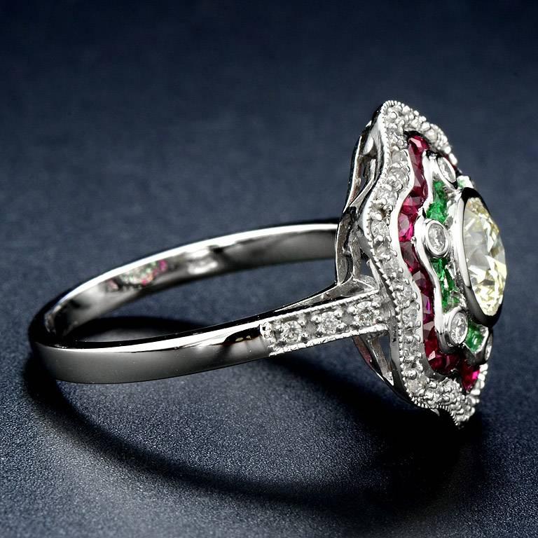 Round Cut Diamond Emerald Ruby White Gold Cocktail Ring