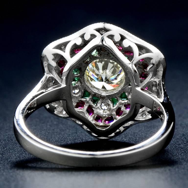 Diamond Emerald Ruby White Gold Cocktail Ring In New Condition In Bangkok, TH